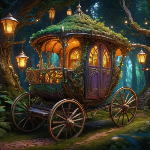 wooden carriage,wooden wagon,flower cart,carriage,fairy village,wooden train,wooden cart,caravan,horse carriage,cart of apples,horse-drawn carriage,covered wagon,fairy forest,carriage ride,fantasy picture,christmas caravan,moottero vehicle,oxcarts,caravans,fairy world,Conceptual Art,Oil color,Oil Color 07