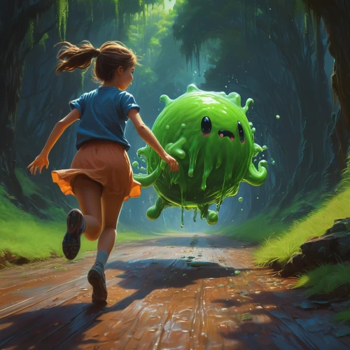 running frog,little girl running,bmo,game illustration,outrunning,leapfrogging,sci fiction illustration,game art,run,bulbasaur,running,runyonesque,minish,fleeing,girl walking away,run away,slimer,ghibli,studio ghibli,cut the rope,Conceptual Art,Fantasy,Fantasy 01