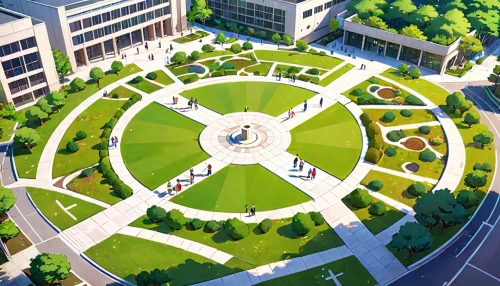 capitol square,roundabout,oval forum,highway roundabout,flower clock,center park,lafayette square,helipad,the center of symmetry,greek in a circle,mobile sundial,hypocenter,sundial,urban park,roundabouts,city park,encircled,lafayette park,heroes ' square,city square,Anime,Anime,Traditional