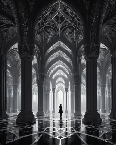 cloistered,hall of the fallen,cathedrals,the hassan ii mosque,mihrab,labyrinthine,labyrinths,arcaded,islamic architectural,neogothic,undercroft,monastic,pillars,the center of symmetry,games of light,mirror of souls,theed,cloister,porticoes,andalus,Photography,Black and white photography,Black and White Photography 08
