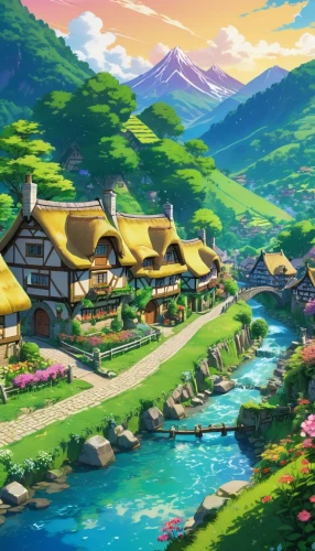 butka,alpine village,aurora village,mountain village,ghibli,sylvania,knight village,idyllic,studio ghibli,machico,popeye village,home landscape,landscape background,escher village,shire,dreamsville,highstein,4k wallpaper 1920x1080,yazaki,house in mountains,Illustration,Japanese style,Japanese Style 03