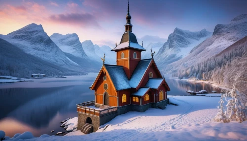 wooden church,stave church,black church,snow house,winter house,sunken church,little church,the black church,gothic church,snowy landscape,winter landscape,snow landscape,christmas landscape,ice castle,house of prayer,mountain hut,reine,norway,church faith,fairytale castle,Art,Classical Oil Painting,Classical Oil Painting 06