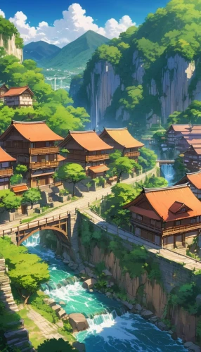 meteora,machico,ancient city,yashima,tianxia,jinchuan,rikkyo,butka,japan landscape,mountain village,isshiki,kazoku,kanto,mountain settlement,shangri,asanosho,shiretoko,ghibli,seborga,knight village,Illustration,Japanese style,Japanese Style 03