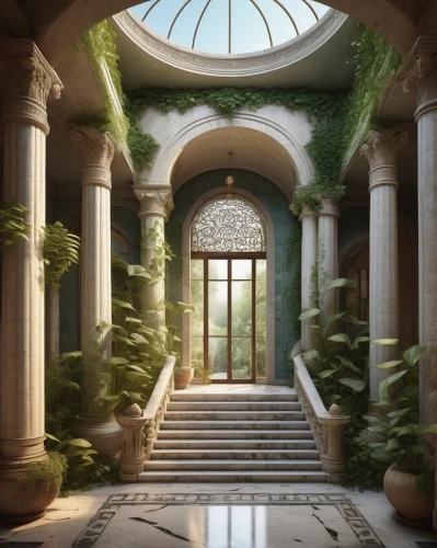 conservatory,dandelion hall,orangerie,marble palace,cochere,glyptotek,atriums,hall of the fallen,archways,pillars,courtyards,greenhouse,neoclassical,gardens,parnassus,orangery,the threshold of the house,courtyard,doorways,entranceways,Illustration,Abstract Fantasy,Abstract Fantasy 16