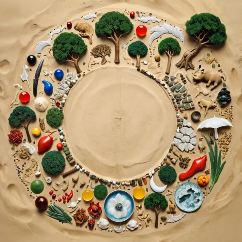 sand clock,plate full of sand,overhead view,aerial view of beach,planet earth view,sand art,desertification,top view,settlers of catan,sand sculptures,permaculture,bird's-eye view,sand sculpture,tree of life,circular ornament,aerial view umbrella,catan,dharma wheel,biodiversity,overhead shot,Unique,Design,Knolling