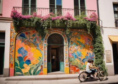 floral bike,casa fuster hotel,colorful facade,facade painting,tlaquepaque,flower wall en,azulejos,woman bicycle,giverny,nafplio,painted block wall,french quarters,spanish tile,malaga,nafplion,majorelle,painted wall,marigny,abbesses,bicycles,Conceptual Art,Graffiti Art,Graffiti Art 06