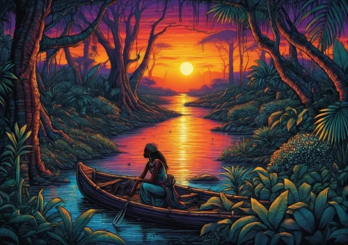 boat landscape,backwaters,kerala,kanaloa,river landscape,masakayan,an island far away landscape,canoe,polynesia,paraiso,amazonian,fisherman,vietnam,tropical sea,serene,row boat,fishermen,tapestry,sampan,pescador,Illustration,Realistic Fantasy,Realistic Fantasy 25