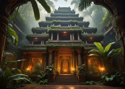 yavin,ancient city,artemis temple,shambhala,asian architecture,sanctum,philodendrons,thai temple,hanging temple,cambodia,temple,mandalay,baan,temples,cartoon video game background,dojo,tempel,angkor,white temple,labyrinthian,Illustration,Realistic Fantasy,Realistic Fantasy 22