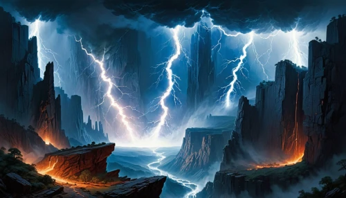 lightning storm,fantasy landscape,metavolcanic,turmoil,nature's wrath,torrential,lava river,fantasy picture,lightning strike,tartarus,flashfloods,temporal,thunderstorms,deluge,parasnath,storms,world digital painting,mordor,whirlwinds,cloudbursts,Conceptual Art,Sci-Fi,Sci-Fi 10