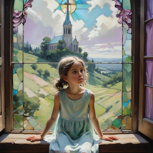 girl praying,church painting,angel moroni,window to the world,rapunzel,world digital painting,children's background,the window,church window,the little girl's room,principessa,window,blessing of children,fantasy picture,church faith,novena,notre dame de sénanque,serafina,cinderella,church windows,Illustration,Realistic Fantasy,Realistic Fantasy 28