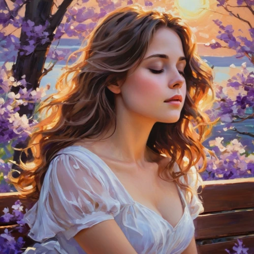 romantic portrait,belle,serene,fantasy portrait,la violetta,romantic look,relaxed young girl,young woman,girl in flowers,beautiful girl with flowers,world digital painting,juliet,fantasy picture,mystical portrait of a girl,girl in the garden,oil painting,oil painting on canvas,enamorada,violetta,lilac blossom,Conceptual Art,Oil color,Oil Color 10
