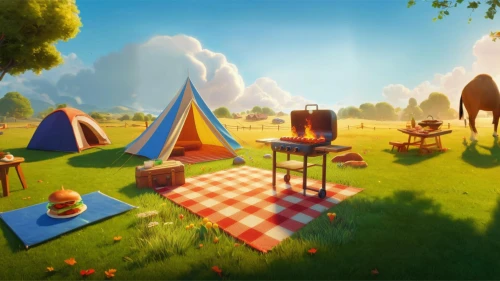 encampment,tearaway,camping tipi,camping,camping tents,campsites,picnic,tents,autumn camper,campers,cartoon video game background,campfires,lowpoly,campfire,picnicking,glamping,idyllic,campgrounds,gypsy tent,gnomes at table