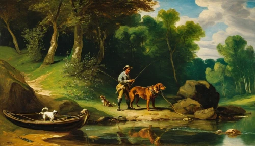 hunting scene,man and horses,pastoral,agricultural scene,river landscape,brook landscape,boy and dog,rousseau,the horse at the fountain,rural landscape,the good shepherd,fisherman,amorsolo,caballo,hunting dogs,constable,duncanson,girl on the river,people fishing,fishermens,Art,Classical Oil Painting,Classical Oil Painting 08