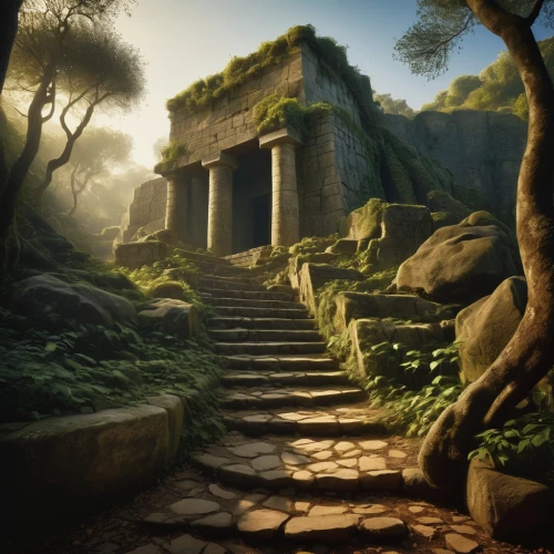 labyrinthian,artemis temple,the mystical path,ancient city,ancient house,the ancient world,ancient,pathway,ancient buildings,the path,panagora,greek temple,mausoleum ruins,ancients,ruins,archeological,poseidons temple,archeologico,hiking path,fantasy landscape,Art,Artistic Painting,Artistic Painting 20