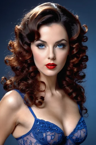 oreiro,retro woman,retro women,bluefly,mesquida,vintage woman,beautiful women,blue background,brassieres,pin-up model,female model,retro pin up girl,burlesque,aniane,wonderbra,seyfried,mazarine blue,curly brunette,attractive woman,female doll,Conceptual Art,Fantasy,Fantasy 16