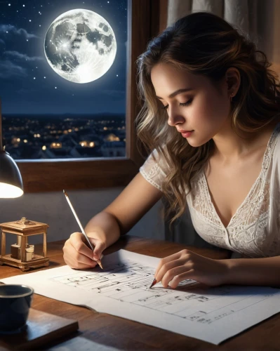 girl studying,astronomer,night scene,night administrator,girl drawing,drawing with light,moonlit night,romantic night,astronomische,sci fiction illustration,astronomia,moon and star background,sogni,night image,dream art,to write,writing or drawing device,learn to write,astrologer,astrologers,Photography,General,Natural
