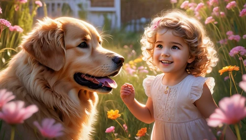 little boy and girl,boy and dog,girl with dog,golden retriever,children's background,love for animals,tenderness,girl and boy outdoor,picking flowers,innocence,retriever,cute cartoon image,golden retriver,cute animals,dog breed,samen,tenderhearted,cute puppy,flower background,dog pure-breed,Photography,Artistic Photography,Artistic Photography 07