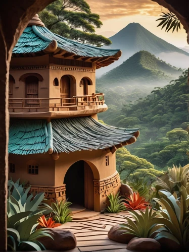 asian architecture,teahouse,roof landscape,oriental painting,world digital painting,home landscape,teahouses,oriental,cartoon video game background,japan landscape,ancient house,japanese background,japanese-style room,dojo,korean folk village,the golden pavilion,rice terrace,golden pavilion,landscape background,buddhist temple,Unique,Paper Cuts,Paper Cuts 04