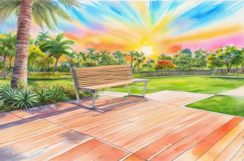 colored pencil background,watercolor background,garden bench,landscape background,watercolor palm trees,wooden decking,palm pasture,sundeck,photo painting,home landscape,background design,roof landscape,world digital painting,wooden bench,chalk drawing,watercolor pencils,cartoon video game background,background vector,wood deck,background colorful,Landscape,Landscape design,Landscape Plan,Watercolor
