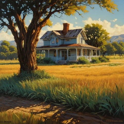 home landscape,lonely house,summer cottage,rural landscape,country cottage,yellow grass,little house,farm house,farmhouse,farmstead,old home,homestead,country house,cottage,studio ghibli,old house,wheatfields,wheatfield,farm landscape,country side,Illustration,American Style,American Style 08