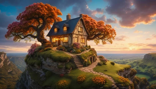 fantasy landscape,fantasy picture,home landscape,fairy house,little house,tree house,witch's house,dreamhouse,fairy tale castle,3d fantasy,fairy chimney,fantasy art,lonely house,house in the forest,house in mountains,fairytale castle,roof landscape,miniature house,fablehaven,hobbiton,Photography,General,Cinematic