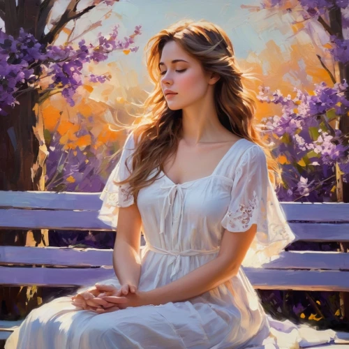 romantic portrait,relaxed young girl,leighton,jessamine,photo painting,donsky,heatherley,idyll,oil painting,mystical portrait of a girl,beguelin,golden lilac,young woman,dmitriev,girl in the garden,quietude,art painting,pittura,wistful,serene,Conceptual Art,Oil color,Oil Color 10