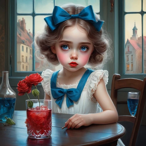shirley temple,heatherley,vintage doll,gekas,painter doll,female doll,tumbling doll,donsky,blue rose,artist doll,vintage girl,young girl,doll kitchen,doll looking in mirror,blue moon rose,girl doll,vanderhorst,dollfus,mademoiselle,petrina,Illustration,Abstract Fantasy,Abstract Fantasy 01