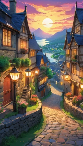 mountain village,alpine village,medieval street,medieval town,knight village,japan landscape,aurora village,meteora,townscapes,korean folk village,wooden houses,butka,mountain settlement,fantasy landscape,izakaya,the cobbled streets,ghibli,kyoto,magome,windows wallpaper,Illustration,Japanese style,Japanese Style 03