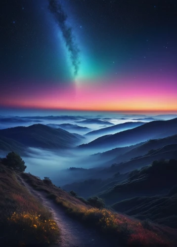 sea of clouds,milky way,the milky way,wave of fog,sea of fog,fantasy landscape,alien world,alien planet,dreamscape,above the clouds,foggy landscape,night sky,the night sky,nothern lights,horizons,colorful stars,windows wallpaper,nightsky,intergalactic,fantasy picture,Conceptual Art,Sci-Fi,Sci-Fi 05