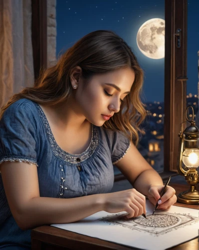 girl studying,girl drawing,learn to write,sogni,to write,night scene,moonlit night,drawing with light,writer,moon and star background,author,the girl in nightie,night administrator,romantic portrait,reading owl,writing about,girl at the computer,writing or drawing device,sci fiction illustration,embroiderer,Photography,General,Natural