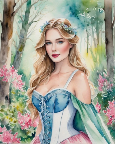 fairy tale character,galadriel,fantasy portrait,margairaz,fantasy picture,fairy queen,margaery,faerie,watercolor background,rosa 'the fairy,jessamine,fantasy art,world digital painting,dirndl,springtime background,white rose snow queen,celtic woman,eilonwy,cinderella,fairytale characters,Illustration,Paper based,Paper Based 25