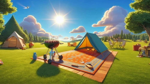 tearaway,camping tipi,thatgamecompany,encampment,campsites,camping,picnic,sylvania,picnicking,tourist camp,camping tents,glamping,3d render,picnicked,campgrounds,smallworld,cartoon video game background,picnics,gypsy tent,summer fair