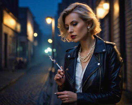 leather jacket,smoking girl,black coat,cigarette girl,photo session at night,bedelia,sobchak,girl smoke cigarette,zakharov,tereshchuk,zakharova,street shot,vintage woman,lapels,femme fatale,50's style,overcoats,streetlife,blonde woman,smoking cigar,Art,Classical Oil Painting,Classical Oil Painting 08