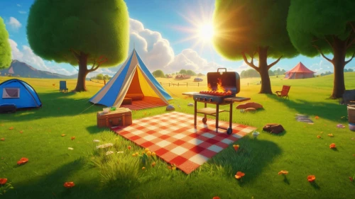 tearaway,autumn camper,encampment,3d render,thatgamecompany,lowpoly,gypsy tent,campsites,circus tent,picnic,picnicking,mushroom landscape,3d background,camping,cartoon video game background,camping tipi,glamping,low poly,cube background,candyland