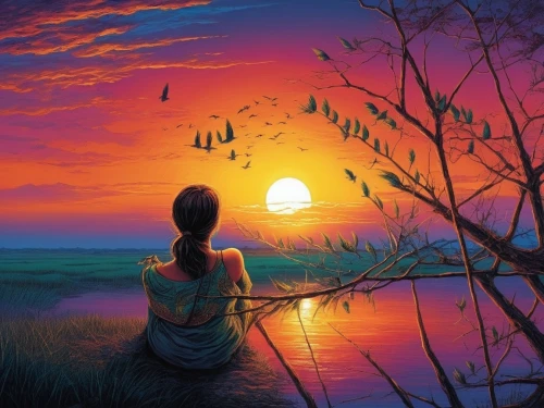 landscape background,sunset,tramonto,art painting,dubbeldam,daybreak,coucher,romantic scene,summer evening,dreamtime,amanecer,evening lake,setting sun,eventide,world digital painting,dream art,fantasy picture,flower in sunset,donsky,evening atmosphere,Illustration,Realistic Fantasy,Realistic Fantasy 25