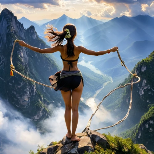mountain paraglider,harness paragliding,aerial hoop,trekking poles,tightrope walker,slackline,sitting paragliding,women climber,mountain climber,tightrope,zipline,paragliding,the spirit of the mountains,tigers nest,huashan,alpine climbing,fantasy picture,figure of paragliding,bow and arrows,mountaineer,Illustration,Paper based,Paper Based 11
