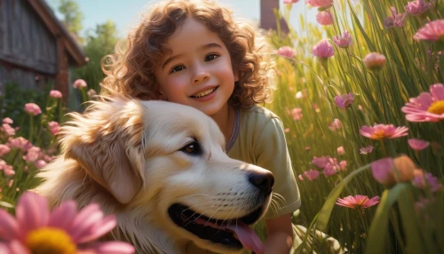 boy and dog,girl with dog,little boy and girl,children's background,girl and boy outdoor,beautiful girl with flowers,golden retriever,tenderness,love for animals,companion dog,dog pure-breed,dog breed,retriever,cute puppy,girl in flowers,mans best friend,golden retriver,picking flowers,liesel,tenderhearted,Photography,Artistic Photography,Artistic Photography 06