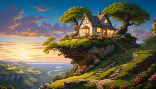 home landscape,fantasy landscape,dreamhouse,tree house,house in the forest,fairy tale castle,house in mountains,little house,lonely house,treehouse,fairy house,fantasy picture,fairytale castle,house silhouette,witch's house,hobbiton,house in the mountains,forest house,roof landscape,beautiful home,Conceptual Art,Sci-Fi,Sci-Fi 19