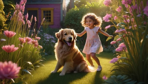 girl with dog,leonberger,girl in the garden,boy and dog,girl in flowers,st bernard outdoor,companion dog,golden retriever,romantic portrait,golden retriver,fantasy picture,beautiful girl with flowers,girl and boy outdoor,aerith,goldens,girl picking flowers,pyr,retriever,afghan hound,flower girl,Photography,Artistic Photography,Artistic Photography 06