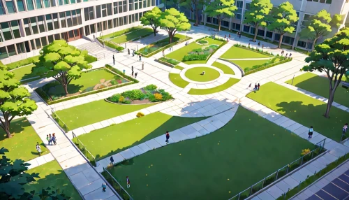 urban park,marunouchi,paved square,broadgate,capitol square,3d rendering,center park,helipad,landscaped,green space,pedestrianized,hypocenter,city square,greenspace,parterre,brindleyplace,japanese zen garden,3d rendered,sketchup,roundabout,Anime,Anime,Traditional