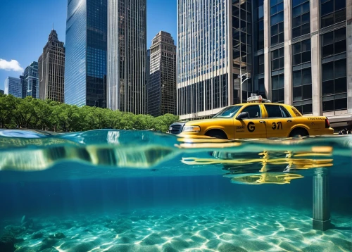 infinity swimming pool,new york taxi,amphicar,submerged,underwater playground,yellow taxi,submersible,taxi cab,under the water,underwater landscape,taxicabs,water taxi,under water,taxicab,reflection in water,reflections in water,underwater world,lake shore,water bus,taxi,Photography,Artistic Photography,Artistic Photography 01