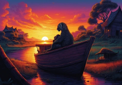 boat landscape,fantasy picture,viking ship,old wooden boat at sunrise,boatmen,ferryman,vinland,boatman,nargothrond,noah's ark,guybrush,romantic scene,kalevala,kupala,landscape background,redwall,row boat,eventide,fisherman,fisherwoman,Illustration,Realistic Fantasy,Realistic Fantasy 25