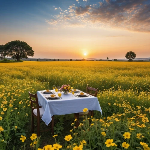 romantic dinner,outdoor dining,field of rapeseeds,chair in field,table setting,rapeseed field,dinner for two,breakfast outside,fine dining restaurant,chamomile in wheat field,place setting,alentejo,meadow landscape,bed in the cornfield,garden dinner,alfresco,rapeseed flowers,field of cereals,breakfast table,tablecloth,Photography,General,Realistic