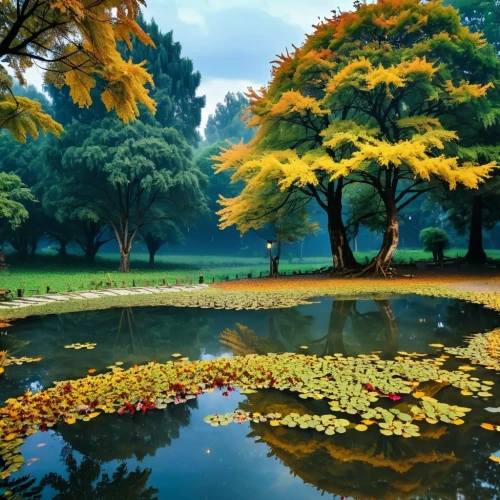 garden pond,autumn park,autumn in the park,lily pond,autumn background,autumn landscape,lilly pond,yellow leaves,autumn scenery,lotus pond,lotus on pond,pond flower,fall landscape,xanthophylls,koi pond,colored leaves,colors of autumn,autumn round,pond,yellow garden,Photography,Artistic Photography,Artistic Photography 01