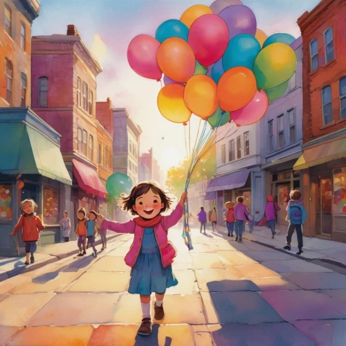 little girl with balloons,colorful balloons,pink balloons,balloon,red balloon,balloonist,balloons,balloons flying,red balloons,balloon trip,rainbow color balloons,corner balloons,little girl with umbrella,star balloons,blue balloons,colorful city,ballon,happy birthday balloons,kids illustration,mary poppins,Illustration,Paper based,Paper Based 06