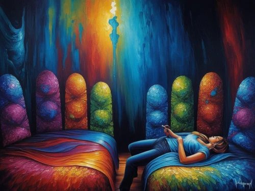 dream art,dmt,therapy room,psychotherapies,fantasy art,dreamscapes,hypnotherapy,psychotherapy,reflexology,ayahuasca,jasinski,dreamscape,oil painting on canvas,fantasy picture,art painting,imaginacion,hallucinations,dreamtime,dreamland,recline,Illustration,Realistic Fantasy,Realistic Fantasy 25