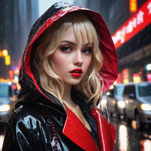 red coat,red lipstick,red lips,red rose in rain,in the rain,walking in the rain,raincoat,red riding hood,ann,red,lily-rose melody depp,elle,rainy,blonde woman,blonde girl,mordred,blond girl,akira,cool blonde,rouge,Conceptual Art,Fantasy,Fantasy 04