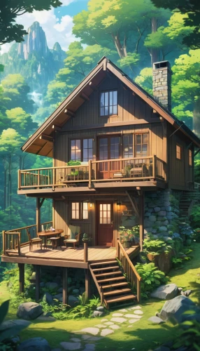 forest house,summer cottage,house in the forest,house in the mountains,house in mountains,the cabin in the mountains,house with lake,butka,dreamhouse,wooden house,house by the water,log home,ryokan,cottage,ghibli,beautiful home,chalet,treehouse,studio ghibli,home landscape,Illustration,Japanese style,Japanese Style 03