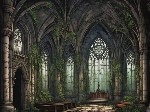 hall of the fallen,haunted cathedral,hogwarts,sanctuary,cathedral,gothic church,labyrinthian,ruins,mausoleum ruins,forest chapel,sanctum,stained glass windows,fantasy picture,ruin,nidaros cathedral,nargothrond,sunken church,cloister,sacristy,ravenloft,Illustration,Black and White,Black and White 05