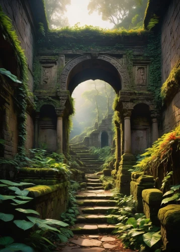 the mystical path,ancient city,labyrinthian,moss landscape,pathway,ancient ruins,ruins,pathways,yavin,ancients,fantasy landscape,the path,ancient,passageway,winding steps,threshold,ancient buildings,theed,ancient house,abandoned place,Art,Classical Oil Painting,Classical Oil Painting 32